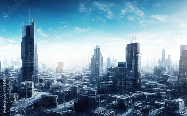 Fototapeta Render of a futuristic city with tall buildings with blue sky AI generative