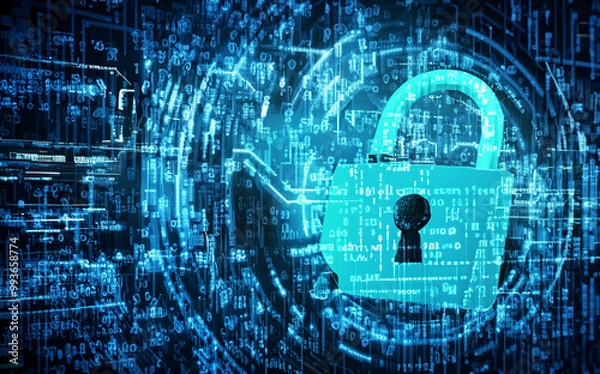 Fototapeta Digital illustration of a blue virtual padlock with circuitry for cybersecurity AI Generative