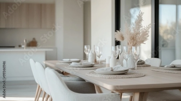 Fototapeta A spacious modern dining room featuring a large wooden dining table set with plates, glassware, and decorative elements, embodying a stylish and welcoming atmosphere.
