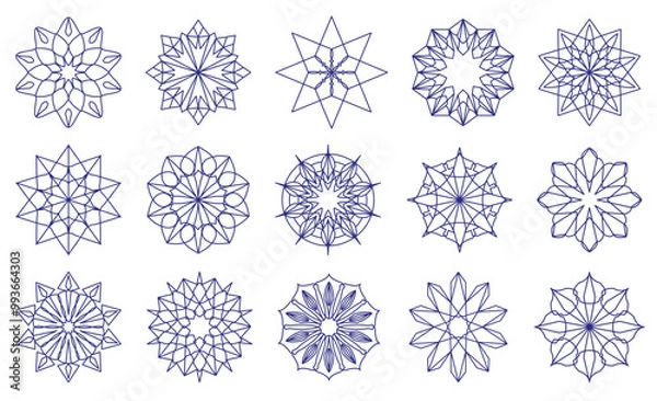 Fototapeta Shapes in the form of snowflakes or flowers in blue. Round shaped emblems. Geometric Christmas ornaments. Designer templates for invitations and holiday cards. Vector illustration.