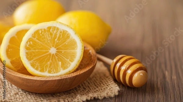 Fototapeta Sliced lemons in a wooden bowl with a honey dipper and ripe lemons in the background. This image highlights the natural and rustic combination of lemons and honey.