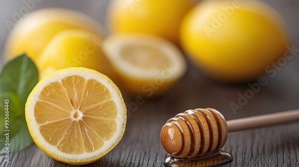 Fototapeta Close-up of a fresh lemon half with honey dripping from a dipper and whole lemons in the background on a wooden surface, epitomizing freshness and natural health benefits.