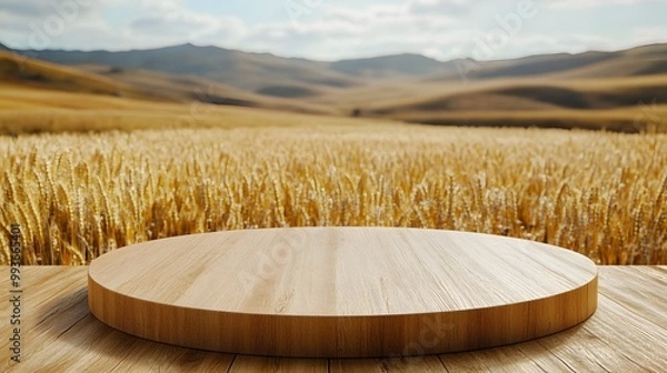Fototapeta Empty wooden podium in front of a field of wheat.