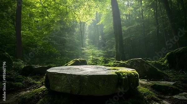 Fototapeta A large, flat stone sits in the middle of a lush, green forest. Sunbeams stream through the trees, casting a warm glow on the mossy ground.