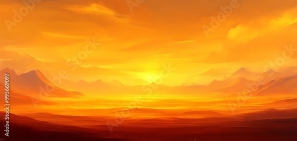 Fototapeta Vibrant sunset over mountains with warm orange hues and soft clouds.