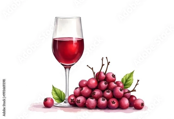 Fototapeta Glass of red wine and grapes clusters on a white background

