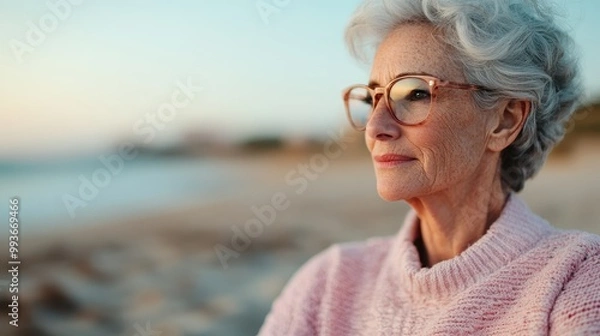 Fototapeta An elderly woman with grey hair and glasses is seen sitting calmly by the beach, donned in a cozy pink sweater, enjoying the serene ocean view and the soft evening light.