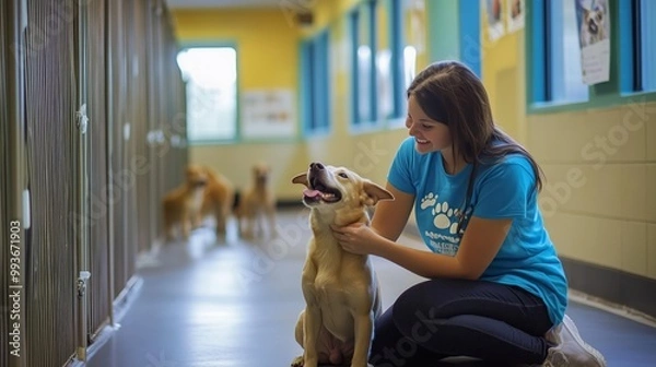 Fototapeta At the shelter, a volunteer in a blue shirt lovingly interacts with a playful dog, brightening the space.