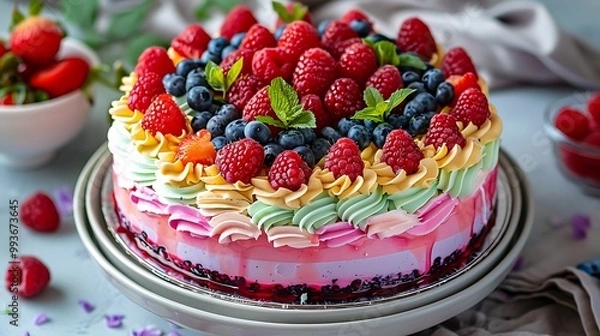 Fototapeta New berries are utilized as decorations for a bake raspberry layer pie rainbow cr??me a treat