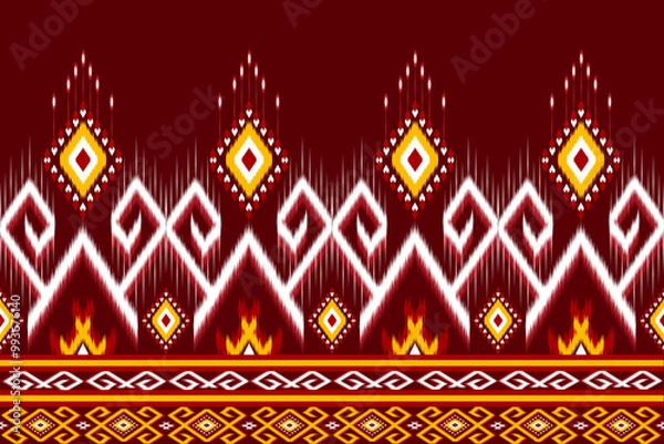 Fototapeta This high resolution image features a traditional geometric ikat pattern in vibrant colors, perfect for use in fashion designs, digital backgrounds, ethnic art projects, and as decorative prints.