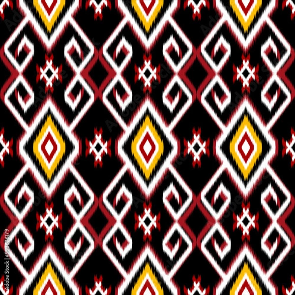 Fototapeta This high resolution image features a traditional geometric ikat pattern in vibrant colors, perfect for use in fashion designs, digital backgrounds, ethnic art projects, and as decorative prints.