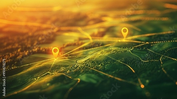 Fototapeta Aerial Map with Location Pins and Golden Hour Lighting. AI generated illustration