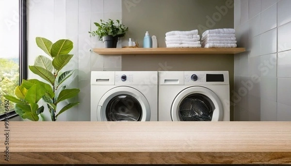 Fototapeta Laundry background countertop for product. Blank tabletop mockup with washing machine. Modern room interior with shelves, towels and plants. washing machine in front of a bathroom