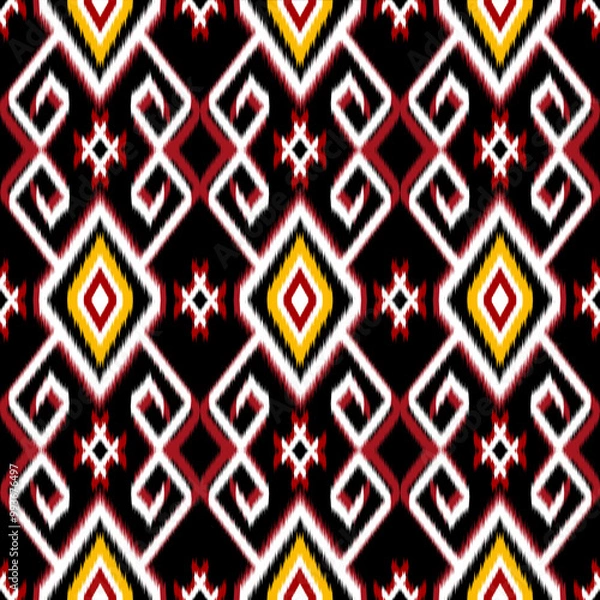 Fototapeta This high resolution image features a traditional geometric ikat pattern in vibrant colors, perfect for use in fashion designs, digital backgrounds, ethnic art projects, and as decorative prints.
