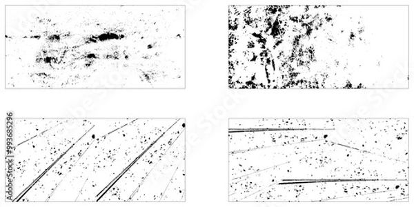 Fototapeta Grunge texture monochrome set elements with spotted canvases with traces soot or scratches caused by wear and tear vector illustration