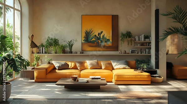 Fototapeta Living Room Interior Design with Yellow Couch and Abstract Artwork