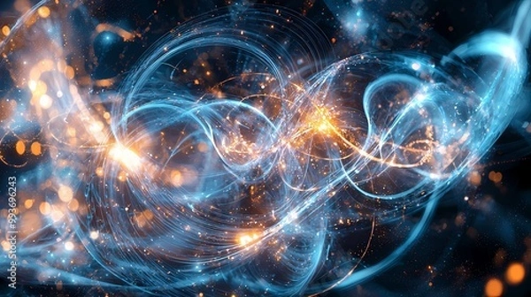 Fototapeta The image contains a swirling, abstract digital artwork with streaks of blue and orange light and bright round bokeh.  The dark background is covered in subtle scattered light.  The swirls and sparks