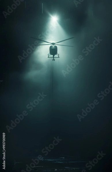 Fototapeta a helicopter flying over and shining a spotlight, in the style of criterion collection, found footage, adafruit, concrete brutalism, yankeecore, movie still, glowing lights, cinestill