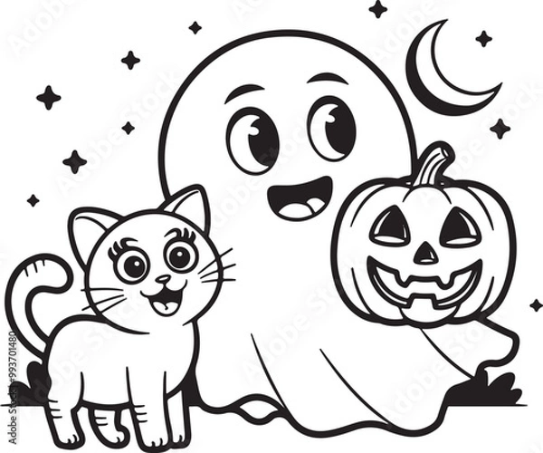 Fototapeta Happy halloween. Cute monsters. Doodle coloring page. Halloween coloring book page activity for kids and adults.