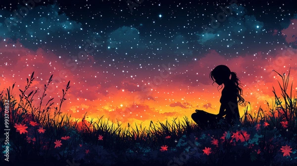 Fototapeta silhouette of a meditative figure is set against a vibrant cosmic backdrop, symbolizing the connection between energy, mindfulness, and the universe's expansive forces in deep spiritual reflection