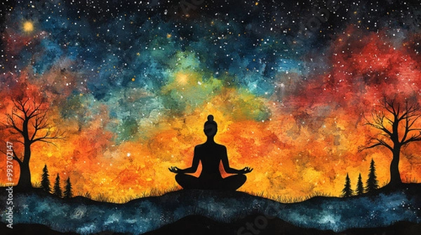 Fototapeta silhouette of a meditative figure is set against a vibrant cosmic backdrop, symbolizing the connection between energy, mindfulness, and the universe's expansive forces in deep spiritual reflection