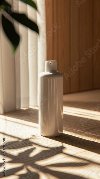 Fototapeta A hair care product like shampoo or conditioner bottle positioned on its side on a light wood surface. Soft natural lighting hitting the product label straight on