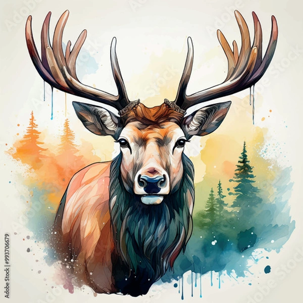 Fototapeta Deer drawing painted with watercolors