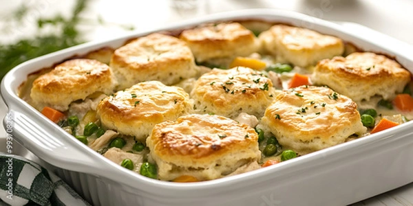 Fototapeta Chicken Pot Pie with Flaky Biscuit Topping in Baking Dish