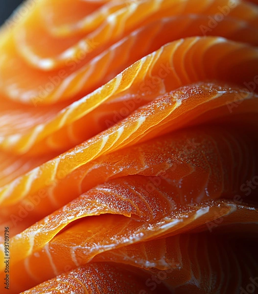 Fototapeta Close-up of a piece of smoked salmon, texture details and vivid colors, studio setting, soft and natural lighting, top-down angle