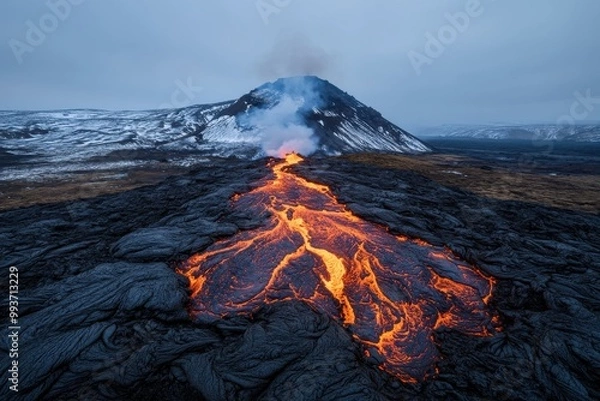 Fototapeta A powerful view of bright, molten lava flowing down the slope of an erupting volcano, set against a cold, snowy landscape and dramatic sky filled with smoke.
