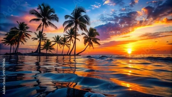 Fototapeta Vibrant Sunset Over Calm Ocean Waves with Silhouetted Palm Trees and Reflective Water Surface