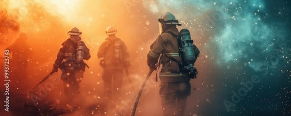 Fototapeta Brave firefighters extinguishing a blaze with high-pressure water hoses during a dramatic sunset. Free copy space for text.