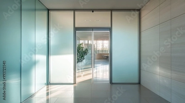 Fototapeta Frosted glass door with a soft glow of light passing through, modern and private design