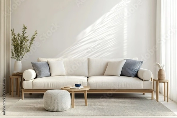 Fototapeta Scandinavian-inspired sofa set with soft fabrics and minimalist side tables, creating a cozy yet sophisticated lounge space.
