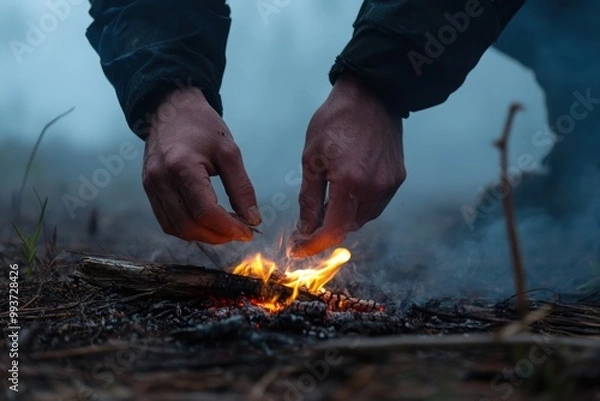 Fototapeta a man starting a fire on a misty day while camping