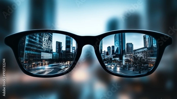 Fototapeta Reflections of a bustling city captured in stylish sunglasses on a vibrant urban street