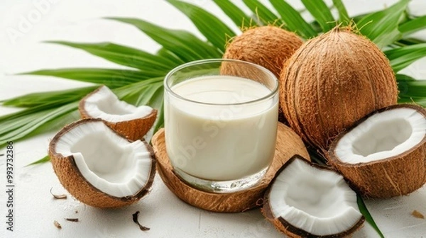 Fototapeta A glass of milk is on a wooden tray with a few pieces of coconut