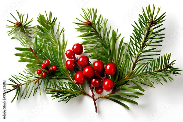 Fototapeta christmas tree branch with red berries