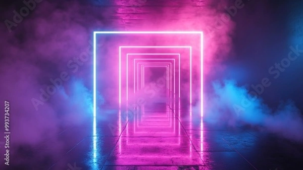 Fototapeta Glowing Neon Light Square Frames in Dark Background. AI generated illustration