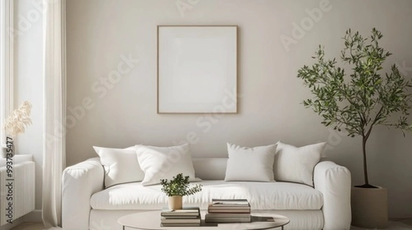 Fototapeta A minimalist living room with a white sofa, decorative plants, and an empty frame.