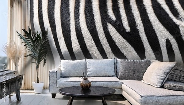 Fototapeta Black and white stripes, vertical zebra patterns wall in living room