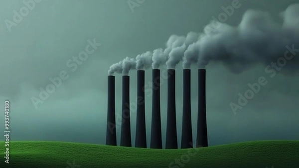 Fototapeta Industrial zone built on deforested land, rows of factory chimneys emitting smoke, the distant remains of a devastated forest, 3D illustration
