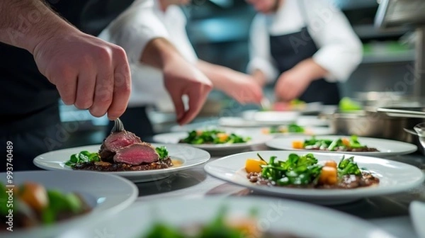 Fototapeta Chef Preparing Fine Dining Dish in Restaurant Kitchen. AI generated illustration