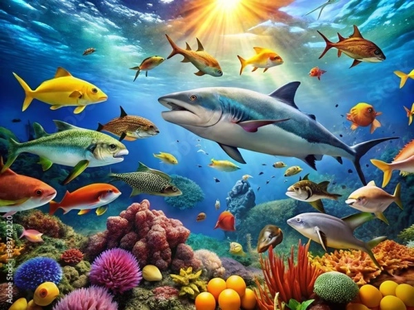 Fototapeta Visual Representation of the Food Chain in a Thriving Ocean Ecosystem with Various Marine Species