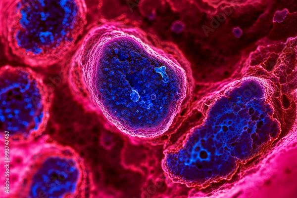 Fototapeta cells flowing through a microscope, blood cancer tumor growth. Endocrine, abstract, disease. Oncology research testing, treatments and  cures. Macro close up image. 