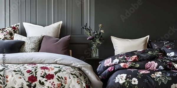Fototapeta Bedroom with a bed and a vase of flowers on the nightstand
