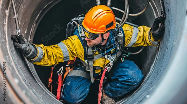 Fototapeta maintenance worker in safety helmet and gear is carefully navigating inside large cylindrical structure, showcasing importance of safety in industrial environments