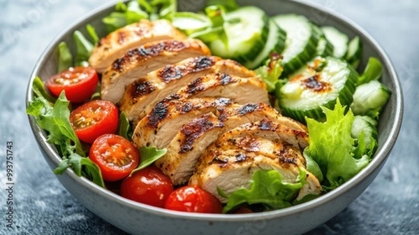 Fototapeta A healthy chicken salad bowl with grilled chicken slices, fresh mixed greens, avocado, cherry tomatoes, cucumbers, and a drizzle of olive oil.