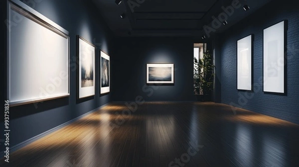 Obraz Presentation concept Luxury gallery hall with blank white posters on the wall. Mock up, 3D Rendering background. Ai generated image