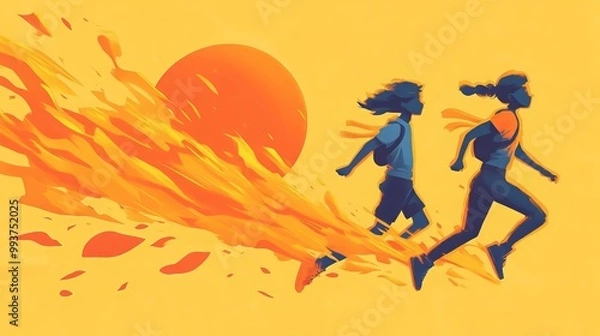 Fototapeta An illustration of two children running joyfully side by side against a backdrop of a large sun with warm hues of yellow, orange, and red symbolizing either sunrise or sunset.